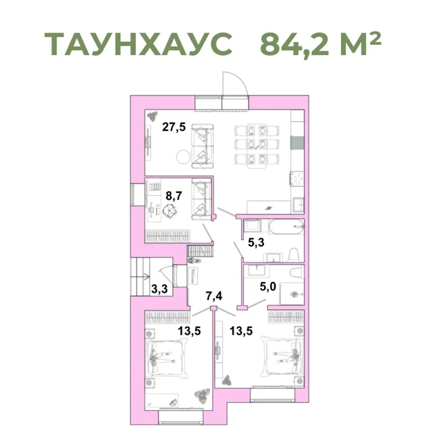 Пәтер жоспары: Т 6.1, 84.2 м²